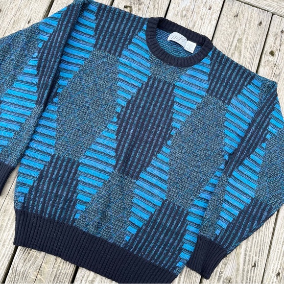 Vintage 80s Geometric Grandpa Knit Sweater Blue & Black Size Small - Picture 2 of 6